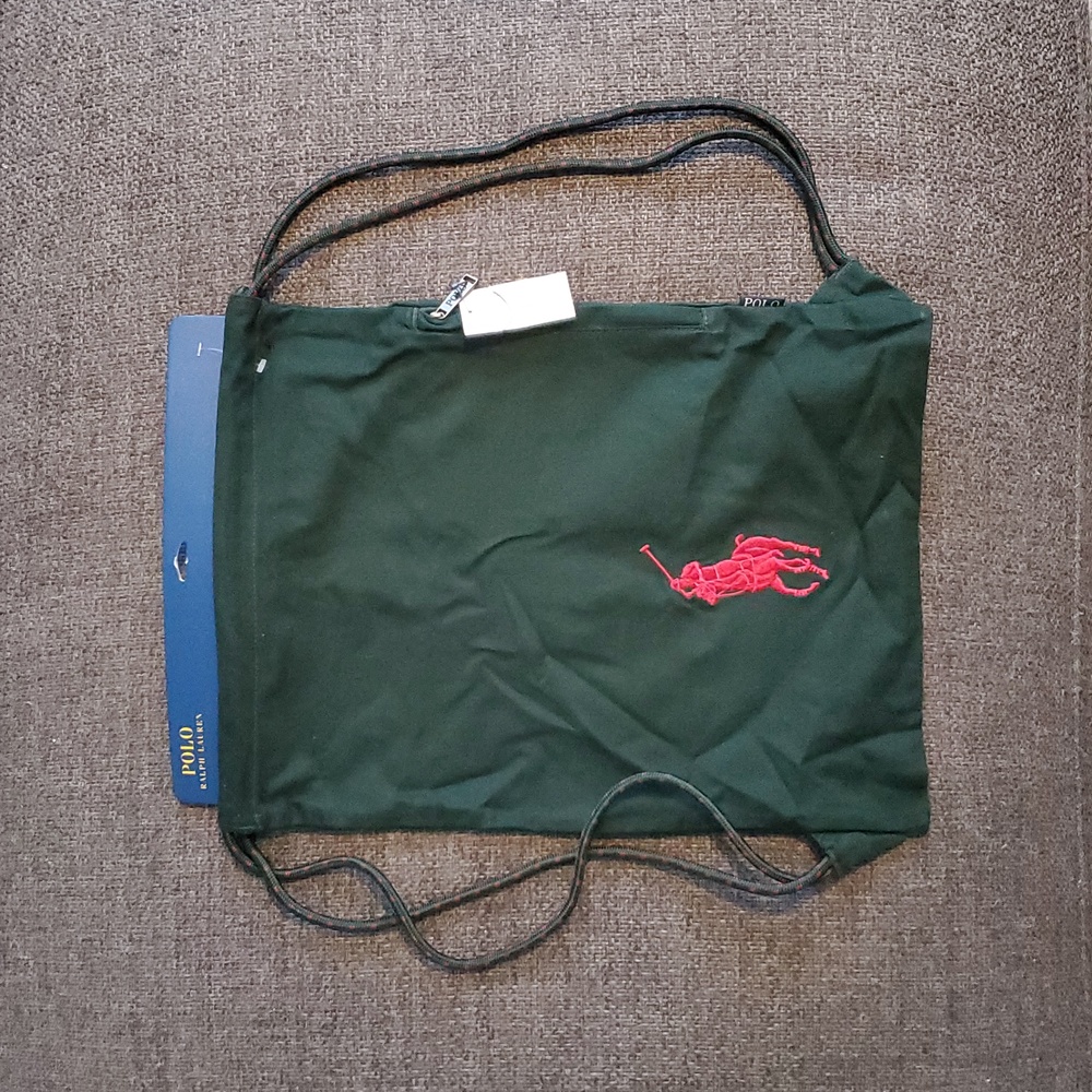 NWT Ralph Lauren Green Embroidered Red Polo Backpack Gym String Bag